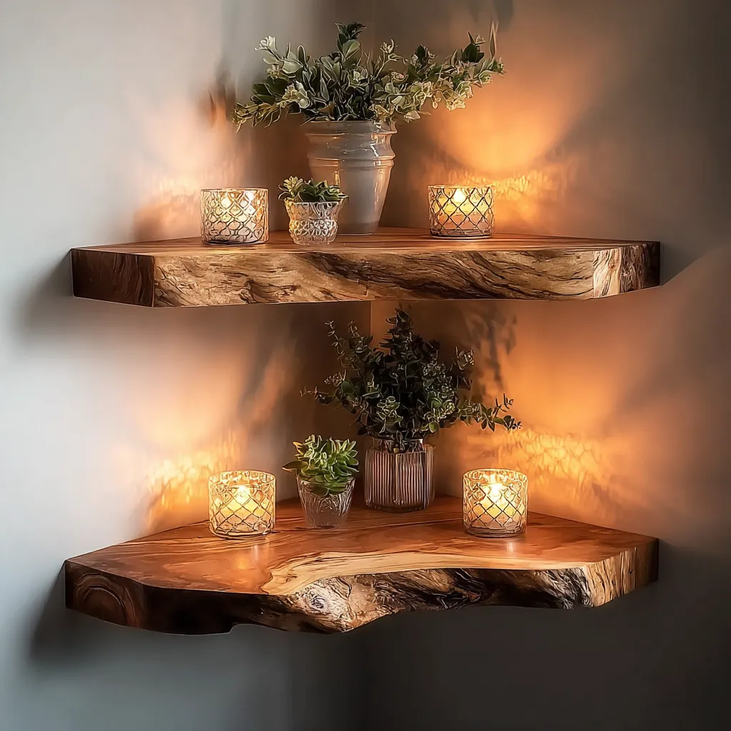 Corner Wall Ledge Natural Edge Wood For Candles And Plants